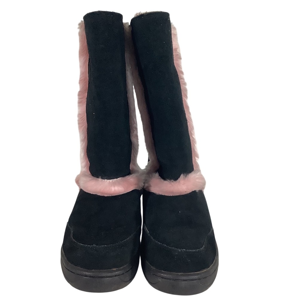 UGG Australia F8004 Black Suede Pink Fur Trim Sheepskin Tall Boots Womens 7
